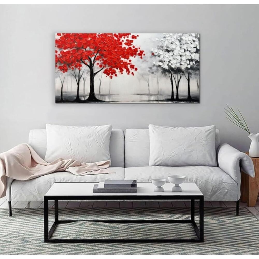 AUUZAIUA 24x48 Red White Misty Forest Canvas Wall Art Hand Painted